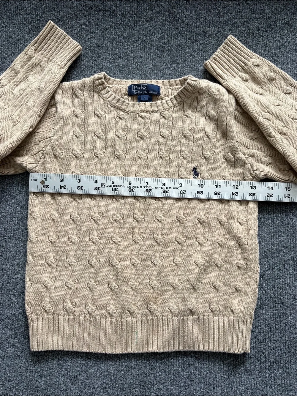 Polo Ralph Lauren Boys Size 5 Cable Knit Sweater Beige Tan Cotton Pony